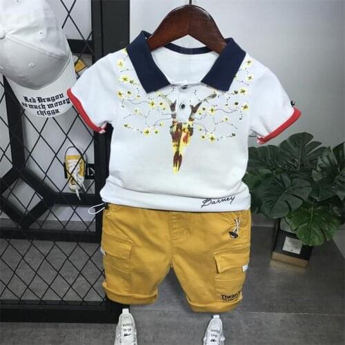 2 3 4 5 6 Years Baby Boy Suits Fashion Printed Lapel Short Sleeve T-shirt Shorts 2pcs Summer 2020 Toddler Kids Clothing Sets New