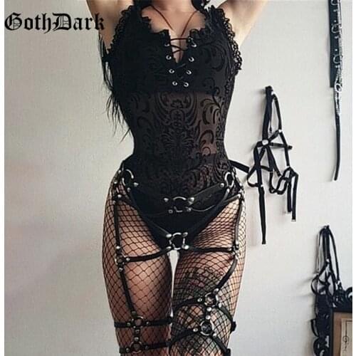 Goth Dark Sexy Vintage Gothic Bodysuits Patchwork Transparent Grunge Punk Lace Bandage Female Bodysuit Autumn 2021 Slim Fashion