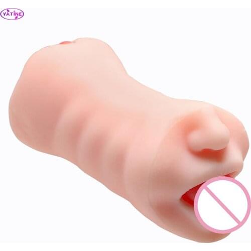 19cm 3D Dual Mouth Vagina Real Pussy Oral Sex Toys for Men Penis Exerciser Glans Sucking Male Masturbator Adults Goods Erotic