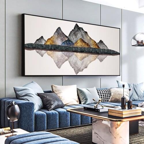 Chinese Style Decoracion Casa Gold Mountain Landscape Canvas Painting Modern Pictures for Home Design Canvas Poster and Prints