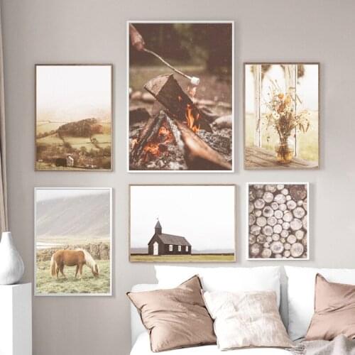 Wooden House Tradition Rustic Posters and Prints Horse Flowers Farmhouse Wall Art Canvas Painting Pictures for Living Room Decor