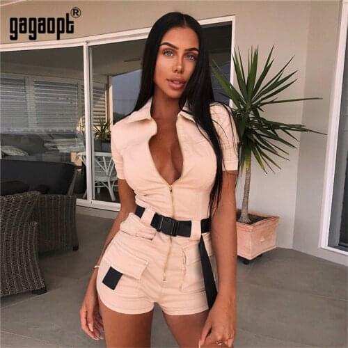 Gagaopt Womens Autumn Rompers Sexy Jumpsuits Khaki Mini Pants Trousers Shortsleeve Casual Playsuits