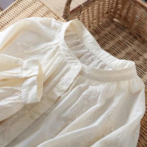 Lamtrip Unique Hollow Out Cotton Stand Collar Lantern Sleeve Loose Shirt Blouse 2021 Summer