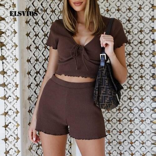 Pit Bar Drawstring Bow V-Neck Short-Sleeve Shorts Womens Casual Two Piece Tracksuit Summer Solid Color Sexy Fitness Sports Suit