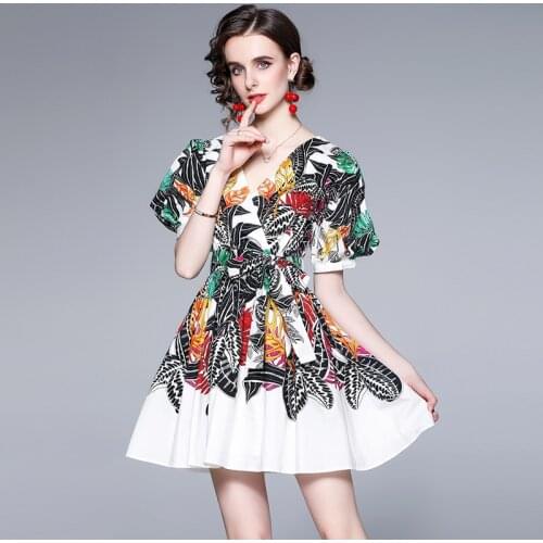 WTIANYUW 2021 New Lantern Sleeve Mini Dress Women Summer V Neck A Line Print Fashion Beach Elegant Dresses Vestidos