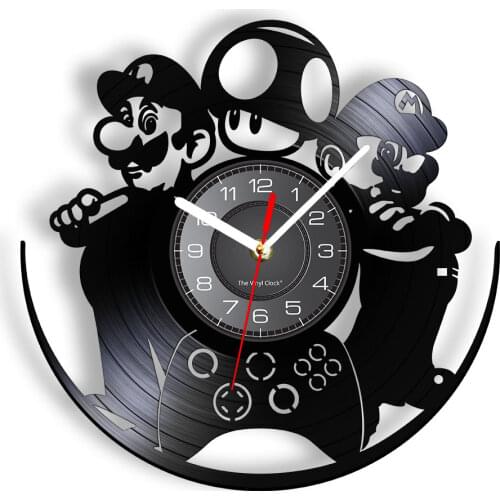 Mushroom Brother Video Game Retro Vinyl Record Wall Clock Gaming Laser Cut Gamepad Handicraft Art Silent Non Ticking Clock Watch