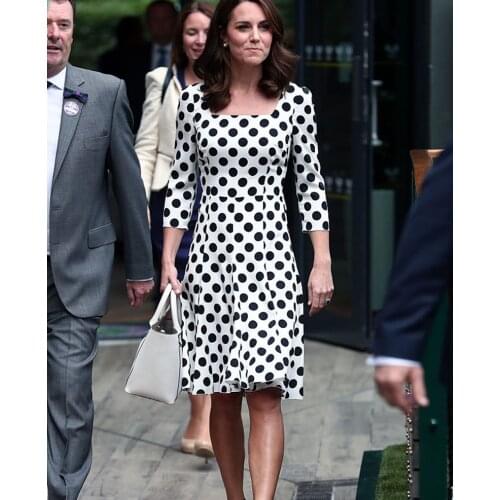 2017 Kate Middleton Princess Dres New Polka Dot print square collar dres