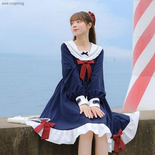 2021 Summer New Style Dress Sweet and Cute College Style Long-sleeved Loose Skirt Japanese First Love Style Doll Collar