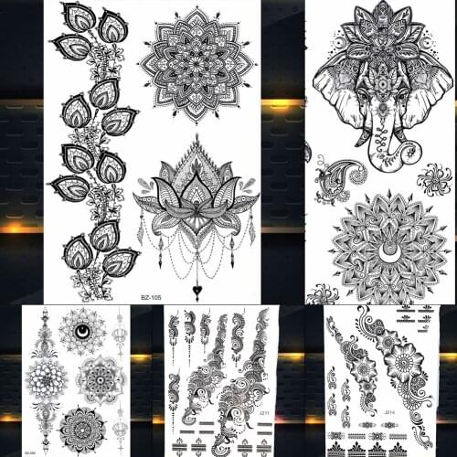 REJASKI India Pendants Black Henna Temporary Tattoos Sticker For Women Ganesha Elephant Chains Tatoos Body Arm Wedding Tattoo
