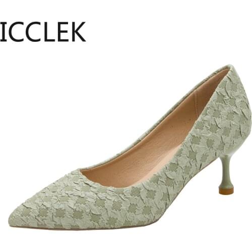 Spring Autumn Sequined Cloth High Heels Dress Shoes Woman Pointed Toe Pumps Green Boat Shoes Ladies office Work Shoes