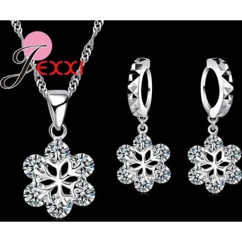 Trendy Women Snowflake Shape Fine Crystal Necklace/Pendant&Drop Earrings Party 925 Sterling Silver Jewelry Sets