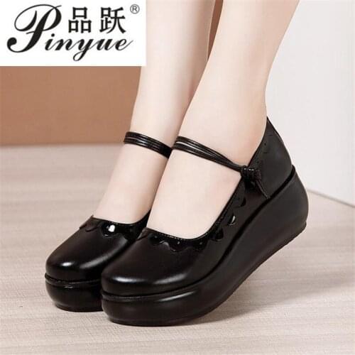 Spring Patent Leather Wedges Mary Janes Women Work shoes Big Size 32-43 Round Head Chunky Platform Shoes