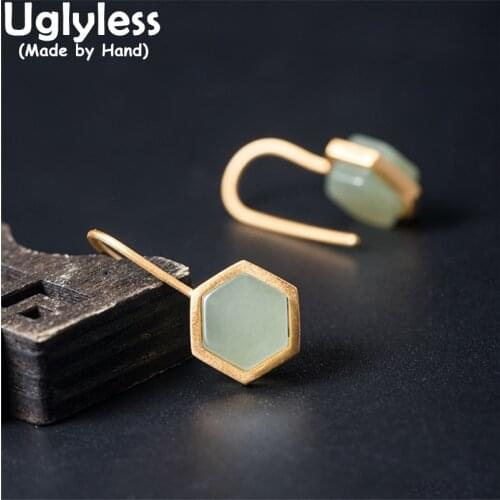 Uglyless Simple Fashion Hexagon Earrings for Women Natural Hotan Jade Studs Earrings Real 925 Silver Geometric Brincos Bijoux