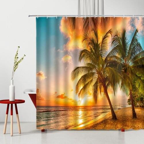 Beautiful Sunset Shower Curtain Coconut Tree Golden Beach Tropical Landscape Washable Bathroom Decor With Hook Bath Curtains