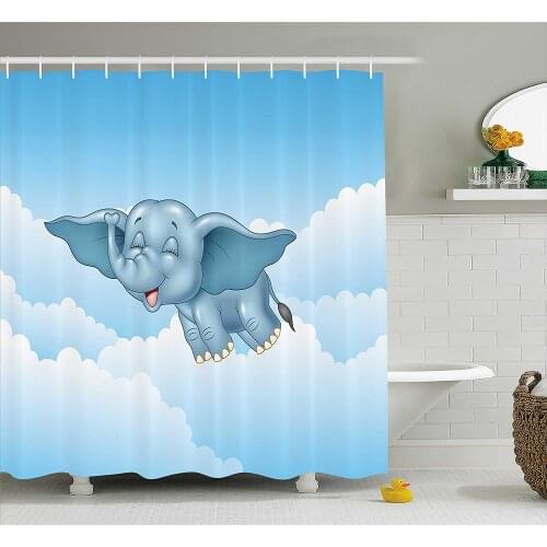 Animal Shower Curtain Cute Baby Flying Elephant Clouds Comic Humor Happiness Kids Caricature Illustration Bathroom Curtains