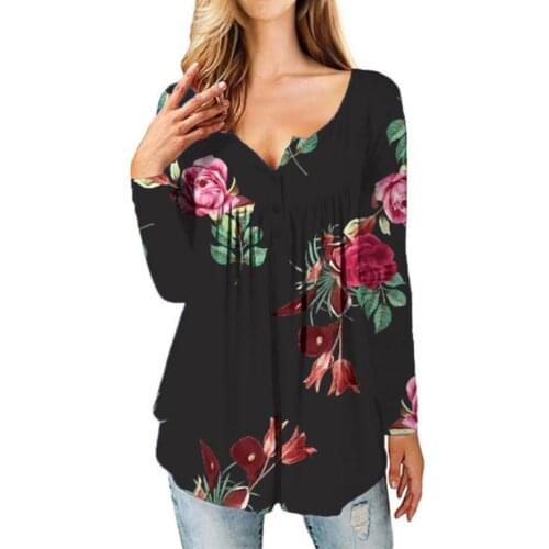 Autumn Womens Tops Fashion Flower Prints Long Sleeve T-Shirts Female Tunic Tee Button Round Neck Vintage Causal Pullover Top