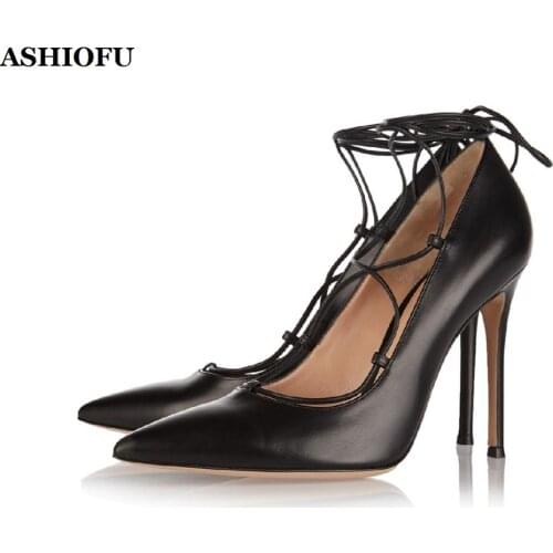 ASHIOFU Classic Hot Sale Handmade Womens High Heel Pumps Shoelace Ankle Strap Party Prom Shoes Pointed Toe Evening Court Shoes