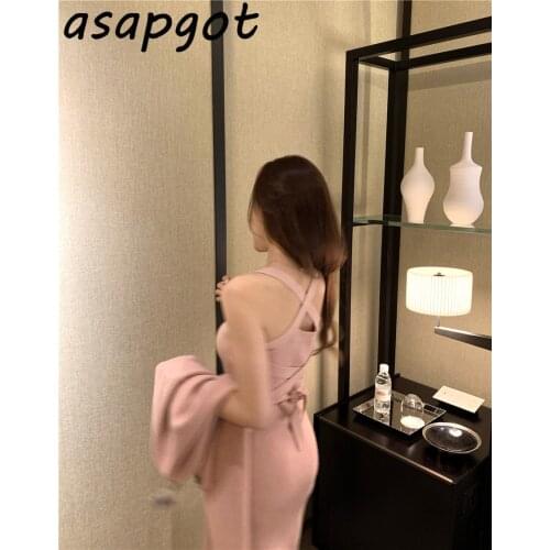 Sexy Tight Wrap Hip Halter Spaghetti Strap Knitted Dress Women Short Sweater Cardigan Jacket 2Piece Sets Fashion Temperament