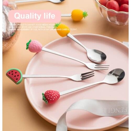 1Pc Stainless Steel Fruit Fork Coffee Spoon Color Fruit Pattern Stainless Steel Fork Simple Stainless Steel Mixing Spoon