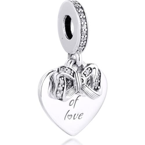 2020 Winter 925 Sterling Silver Bow & Love Heart Dangle Charms Fits Pandora Bracelet Charmsy Beads DIY Jewelry Gift Berloque