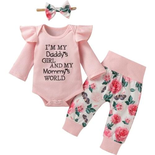 Bmnmsl 3Pcs Toddler Outfit Letters Embroidery Ruffled Long Sleeve Romper + Floral Pants + Headband for Baby Girls, 0-24 Months