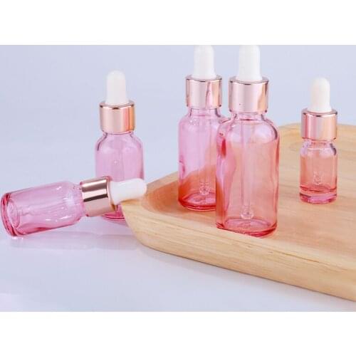 300pcs 5-100ml Pink Purple Cosmetic Packaging Dropper Glass Bottle With Rose Gold Cover Essential Oil Refillable Bottles