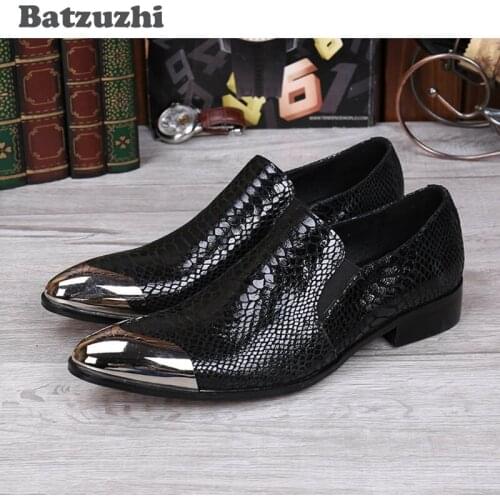 Batzuzhi New 2020 Mens Black Leather Shoes Front Metal Cap Mens Dress Shoes Designers Shoes Men, EU38-46! Zapatillas Hombre