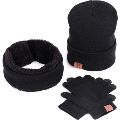 Brand 3 Pieces Winter Hat Set Unisex With Bib Suit and Gloves Thick Wool Knitted Bonnet Caps Men Wool Beanies Hats Women Velvet