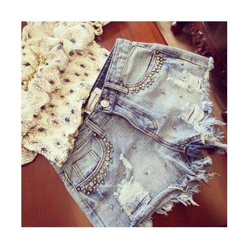 Summer Beaded Denim Shorts Female Casual Plus Size S~2XL Vintage Women Jeans Shorts Tassel Denim Shorts High Quality Wash Jeans