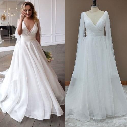 Deep V-Neck Off White Minimalist Wedding Dress Pleated Organza Simple Long Beach Backless Bridesmaid Bridal Dance Ball Gowns