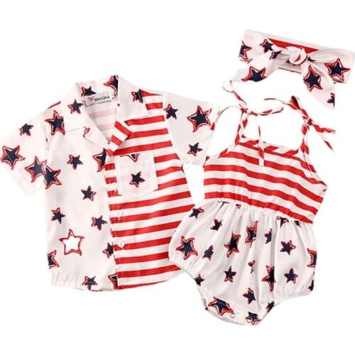 Lioraitiin Independence Day Fashion Summer Baby Brother Sister Shirt Cute Short Sleeve Bodysuit T-shirt