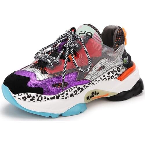 Fashion Platform Color Matching Womens Shoes Genuine Leather Purple Sequins Sneakers 2019 Autumn Comfortable Lace Casual Shoes