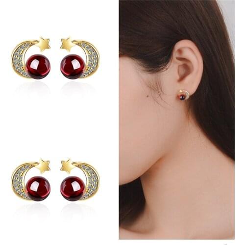 Trendy Moon Star Crystal Red Ball Earrings Lady Accessories Top Quality Silver 925 Women Stud Earrings Charm Princess Gold Bijou