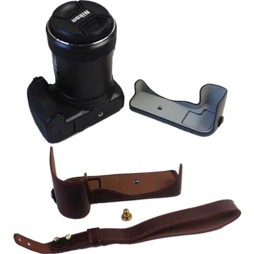 New Retro Genuine Leather Camera Bag Bottom Case Wrist Strap For Nikon P1000 Half Body Cover