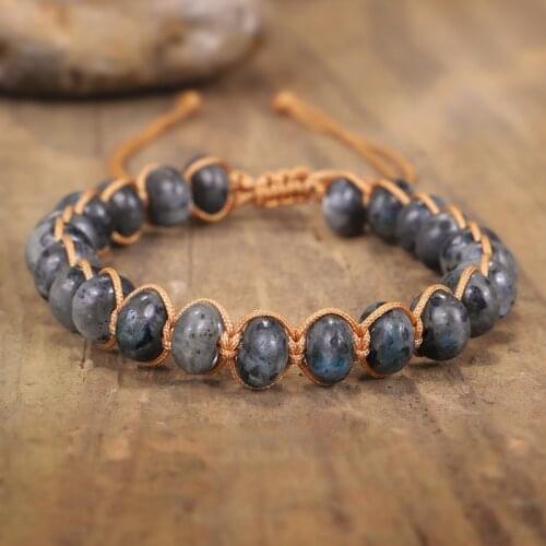 Black Labradorite Braided Bracelet for Men Women Natural Stone Strand Charm Bracelet String Braided Wrap Friendship Bracelet