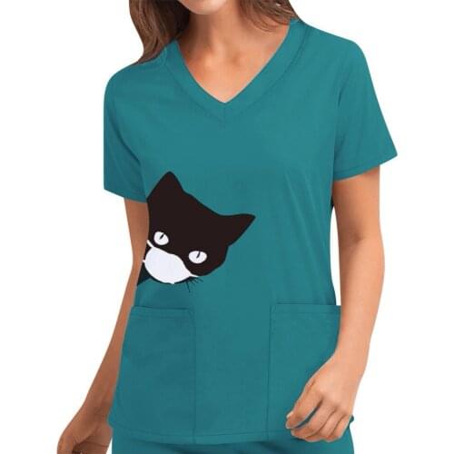 Plus Size Cute Cat Print Women T-shirts Harajuku Top Woman V-neck Pocket Tee Short Sleeve Shirt Summer Streetwear Top For Girls