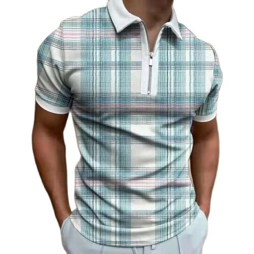 2021 Summer Plaid Mens Streetwear Fashion Patchwork Men Short Sleeve Polo Shirts Casual Turn-down Collar Zipper Design Tops