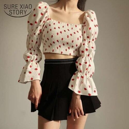 Print Strawberry Blouse Women Slash Neck Puff Sleeve Shirts Vintage Clothes White Black Yellow Party Off Shoulder Tops New 14369