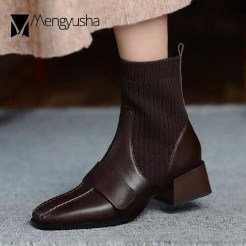 Genuine Leather&kniting riding boots women cowhide mid-calf patchwork booties square toe chunky heels weaving stretch sock botas