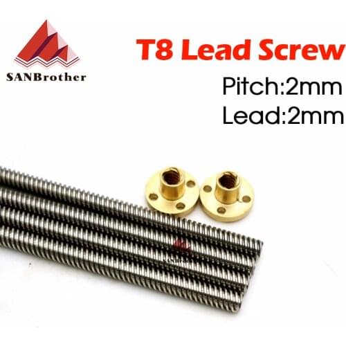 3D Printer T8 Lead Screw OD 8mm Pitch 2mm Lead 2mm 200mm 250mm 300mm 350mm 400mm 450mm 500mm With Nut For Reprap