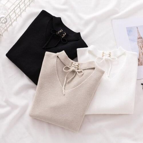 New spring Lace Up Crop Casual Women Sweater Autumn Winter Knitted Pullovers Long Sleeve V Neck Slim Jumper Tops Bandage Sweater