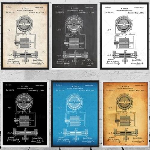 Tesla electromagnetic motor 1888 patented wall engineer blueprint retro poster canvas painting printing wall modern with frame