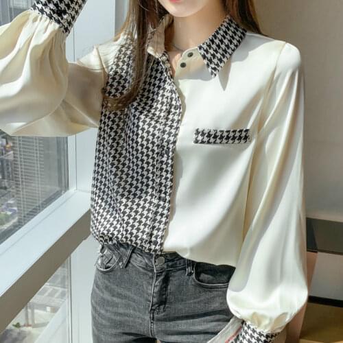 Houndstooth Print Shirt Women Button Up Blouse Long Sleeve Color Patchwork Design Fashion 2021 Spring Summer Puff Sleeve Top