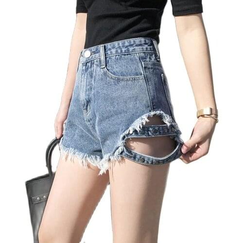 2021 New Women Side Rivet Bandage Denim Shorts Hole High Waist Jeans Short Feminino