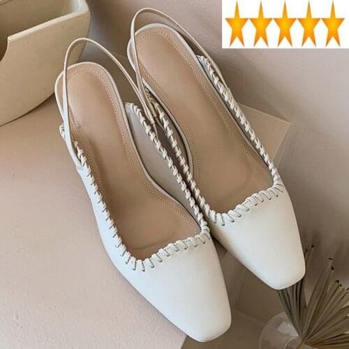 Summer 2021 Women Fashion Weave Sandal Casual Slip-On Genuine Leather Ladies High Heels Solid Color Square Toe Mules Shoes