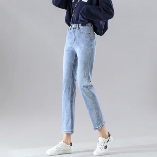 2020 Women Straight Jeans Black Ankle-length Blue Solid Denim Trousers Pockets Zipper Female Cigarette Pants Plus Size P8098