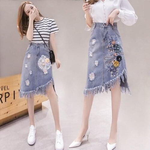 Womens Skirts, Summer New Fashion, Denim Skirts, Womens Skirts, High Waist, A-line Embroidery, Tassels, Asymmetric Holes