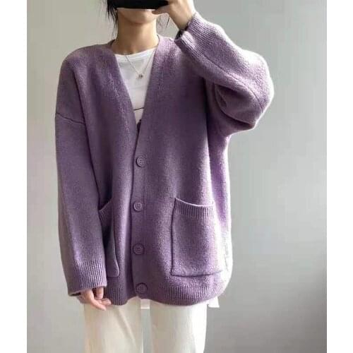 Womens Purple Thick Pocket Button Oversized Long Knit Sweater Cardigan Jacket Yellow V-neck Harajuku Cardigan Fall Winter 2021
