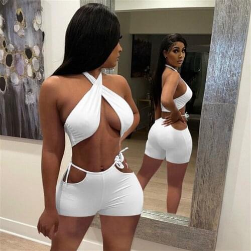 Two Piece Set Women 2021 Summer Halter Coss Bandage Crop Top and Side Hollow Shorts 2Pcs Sets Punk Sports Sexy Club Wear Female