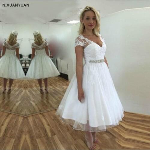 2021 New Desigh Short Sleeves Lace Wedding Dresses Short Tulle Bridal Gowns Vestido De Novia